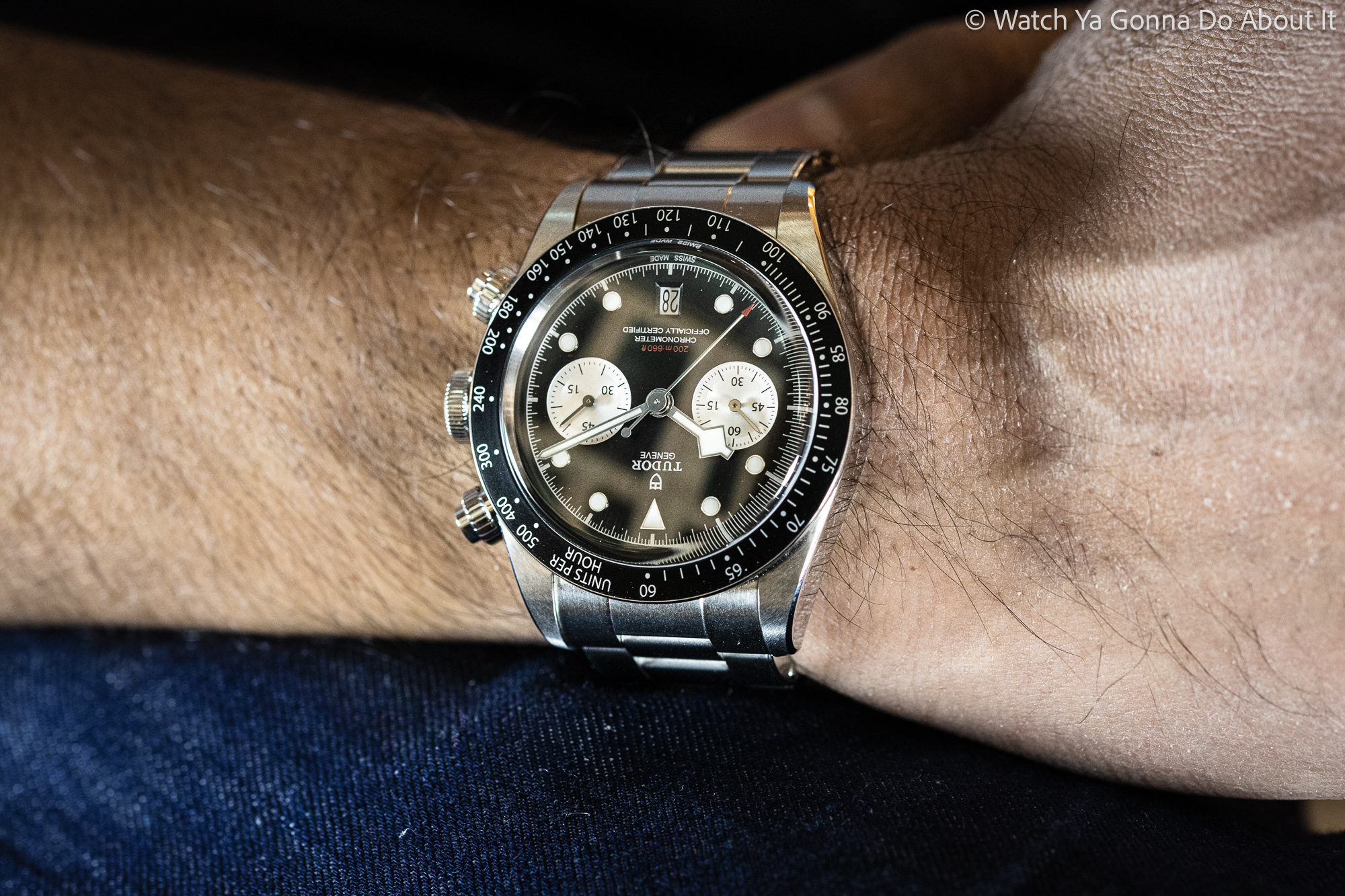 tudor black bay chrono on wrist