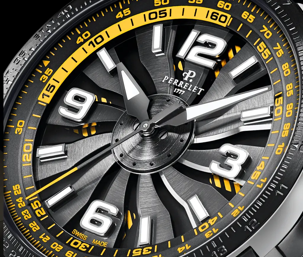 Close up of yellow Perrelet watch
new Perrelet Turbine Pilot